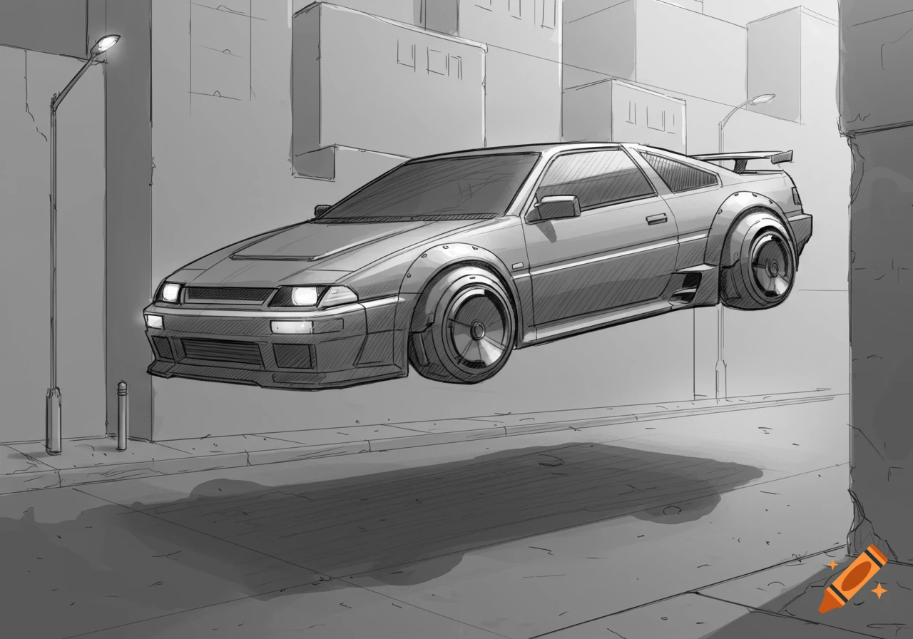 A grayscale sketch of a futuristic car levitating above a city street.