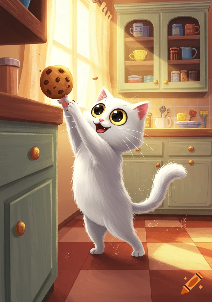 A white cartoon cat with big yellow eyes reaches up for a chocolate chip cookie in a sunlit kitchen.