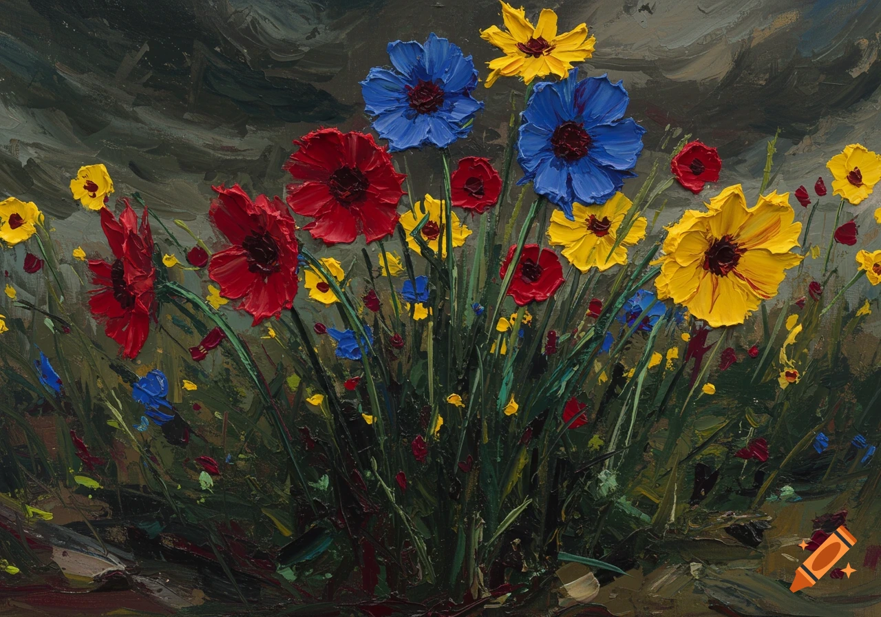 A vibrant German Expressionist impasto painting featuring red, blue, and yellow flowers with thick brushstrokes against a dark, cloudy sky.