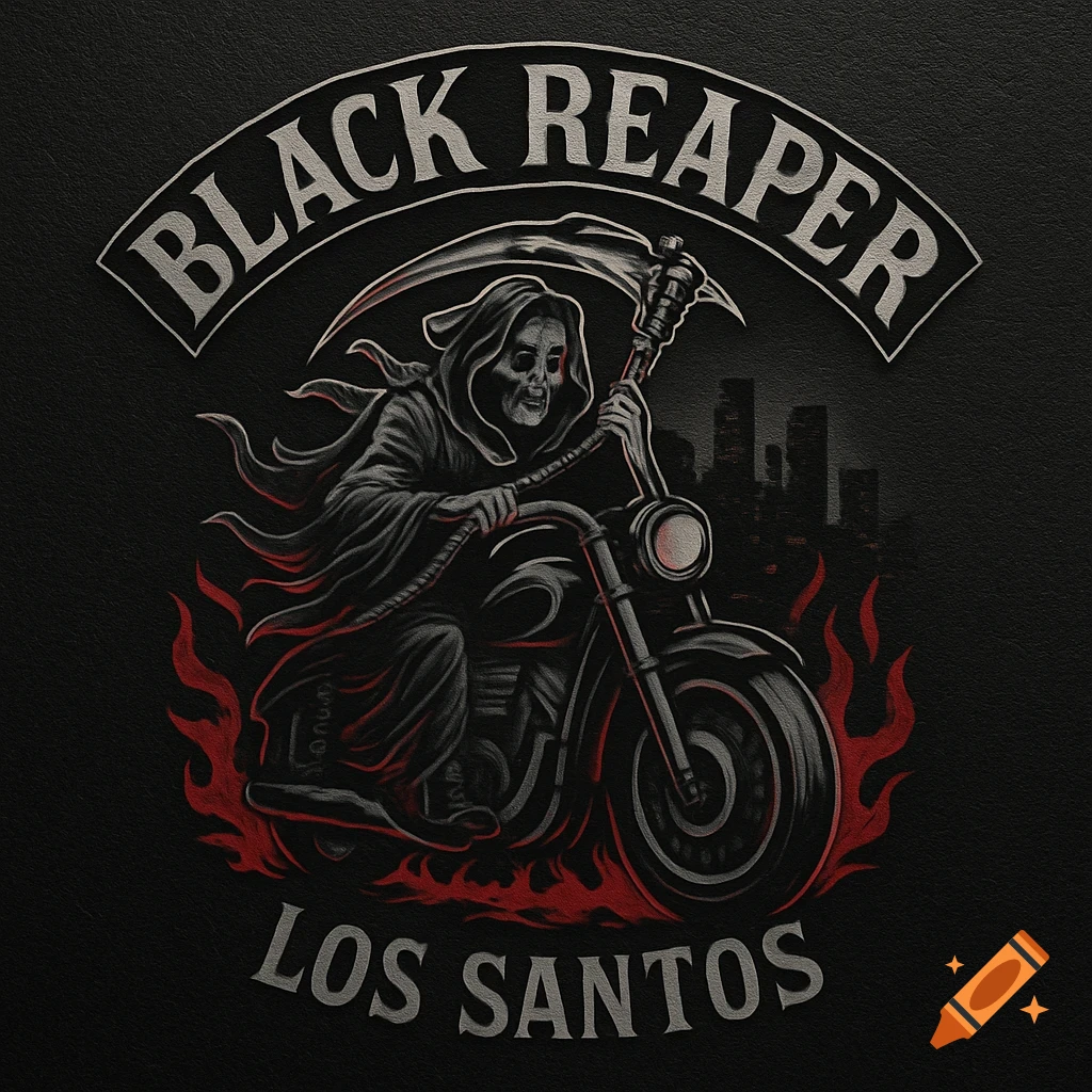 A dark, stylized biker club logo featuring a grim reaper on a motorcycle with flames, a city skyline, and text that reads "BLACK REAPER" and "LOS SANTOS".