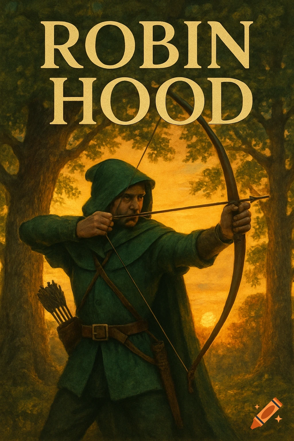 Illustrated book cover of Robin Hood in a green hooded cloak, drawing a bow and arrow in a forest at sunset.
