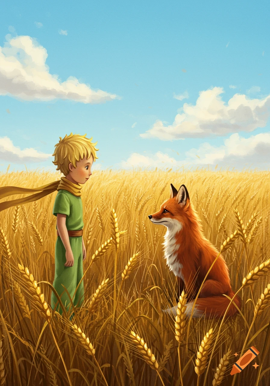 The Little Prince with yellow hair and green clothes stands in a golden wheat field, facing an orange fox under a blue sky.