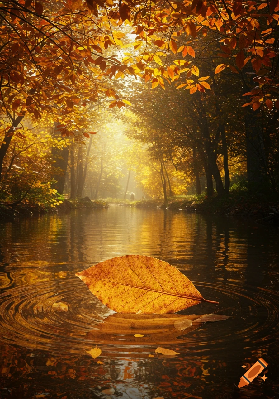 A large golden autumn leaf floats on a calm river surrounded by sunlit trees with yellow and orange fall foliage.
