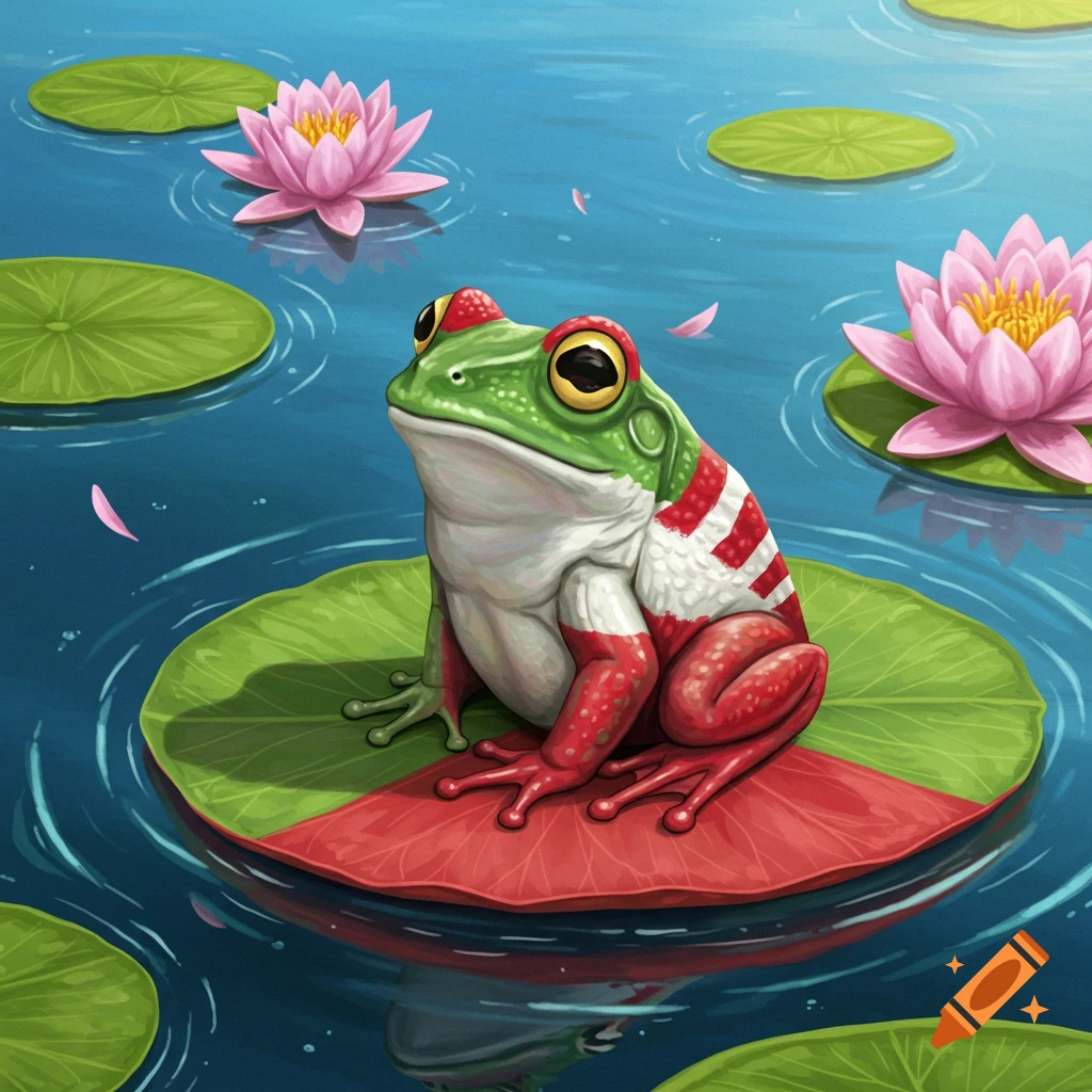 A green frog with red and white stripes sits on a lily pad in a pond with pink water lilies, illustrated in a vibrant style.
