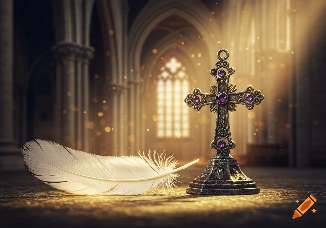 Ornate cross with purple gems and a white feather on a stone floor in a softly lit gothic church, with sparkling bokeh.