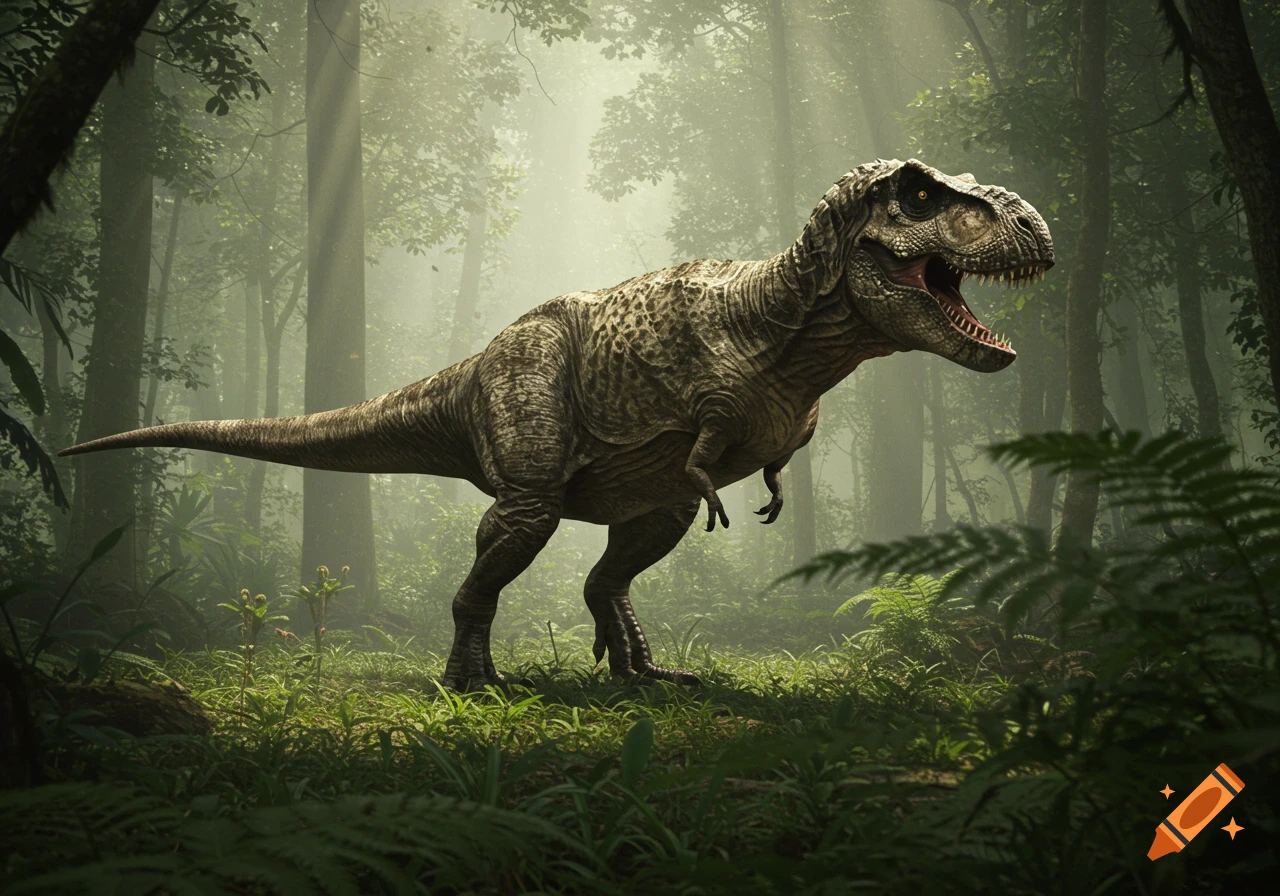 A photorealistic Tyrannosaurus Rex with its mouth open stands in a misty, lush jungle.