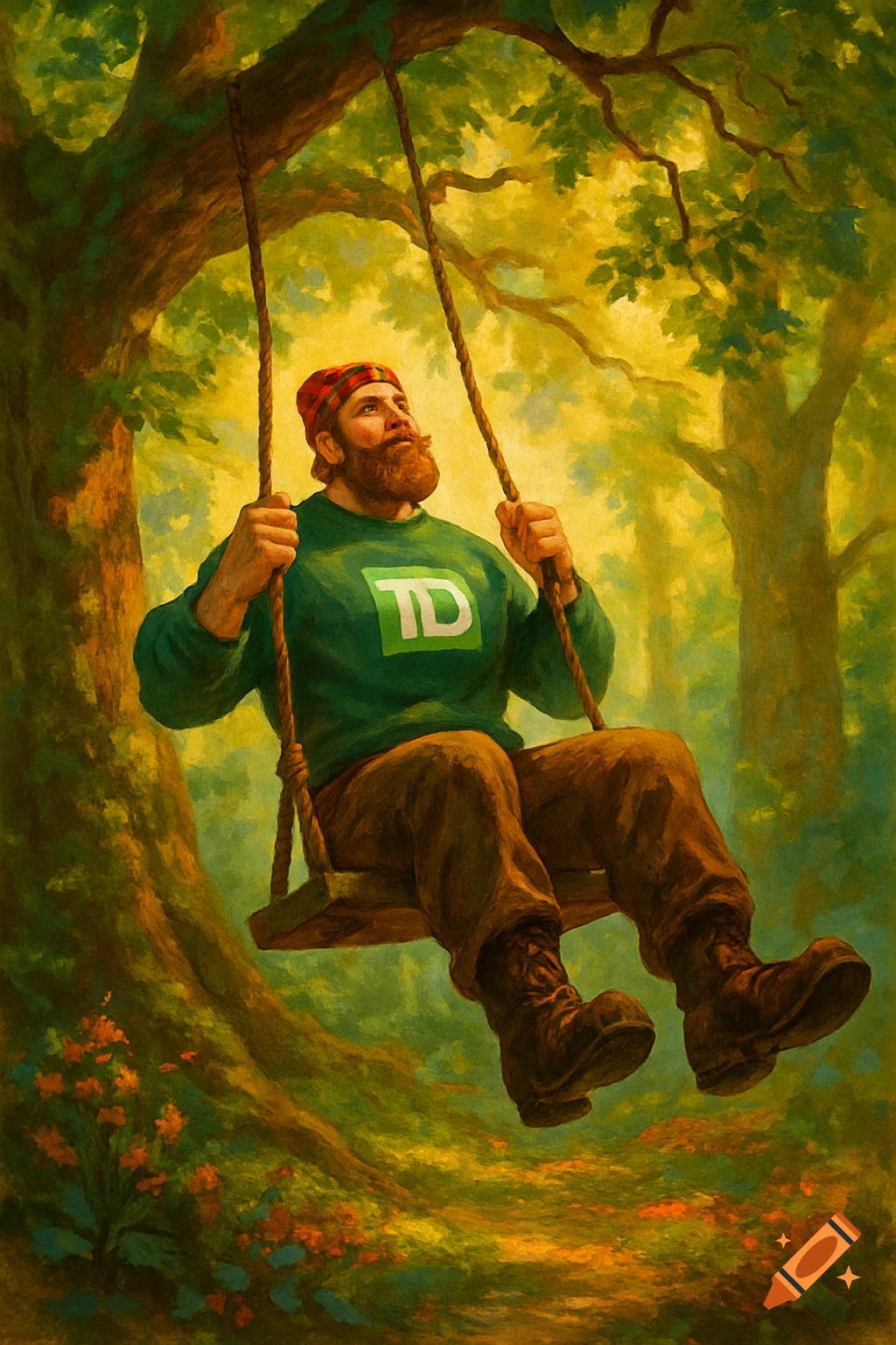 A bearded man in a red plaid hat and green TD sweatshirt swings on a wooden swing in a lush, sun-dappled forest, rendered in a painterly style.