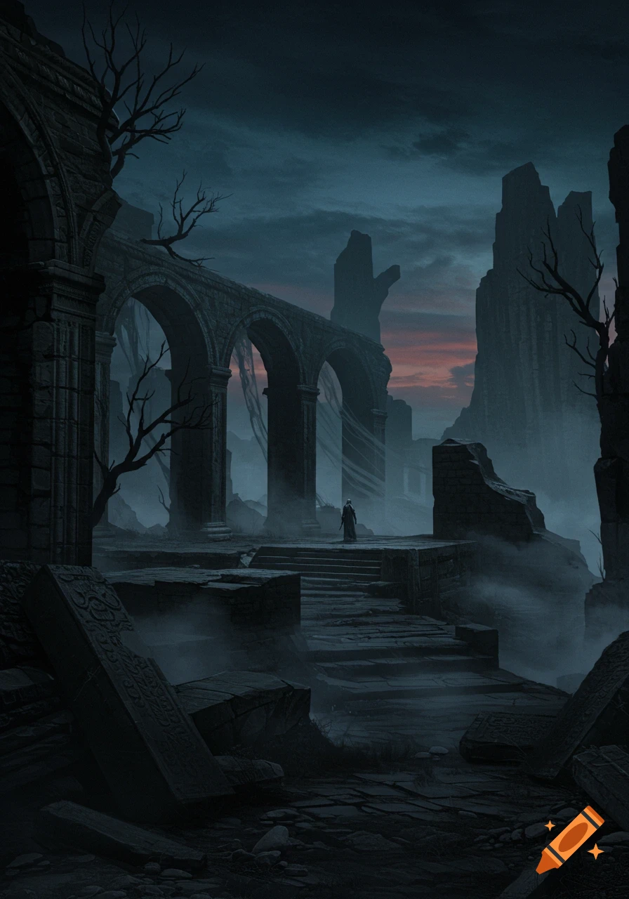 A lone figure stands amidst vast, crumbling stone ruins and arches in a dark, misty landscape under a twilight sky.