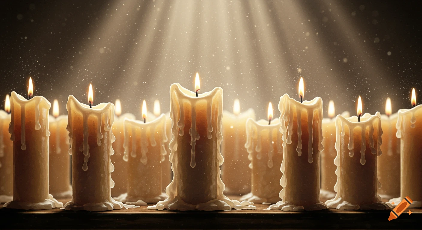 Multiple lit candles with melting wax stand in a line, with soft light rays spilling from the dark background.