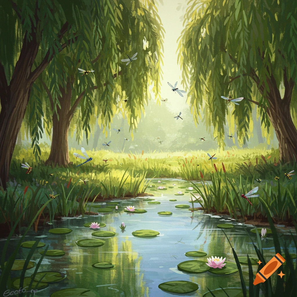 Vibrant painterly illustration of a sunny swamp with willow trees, lily pads, and flying insects above the water.