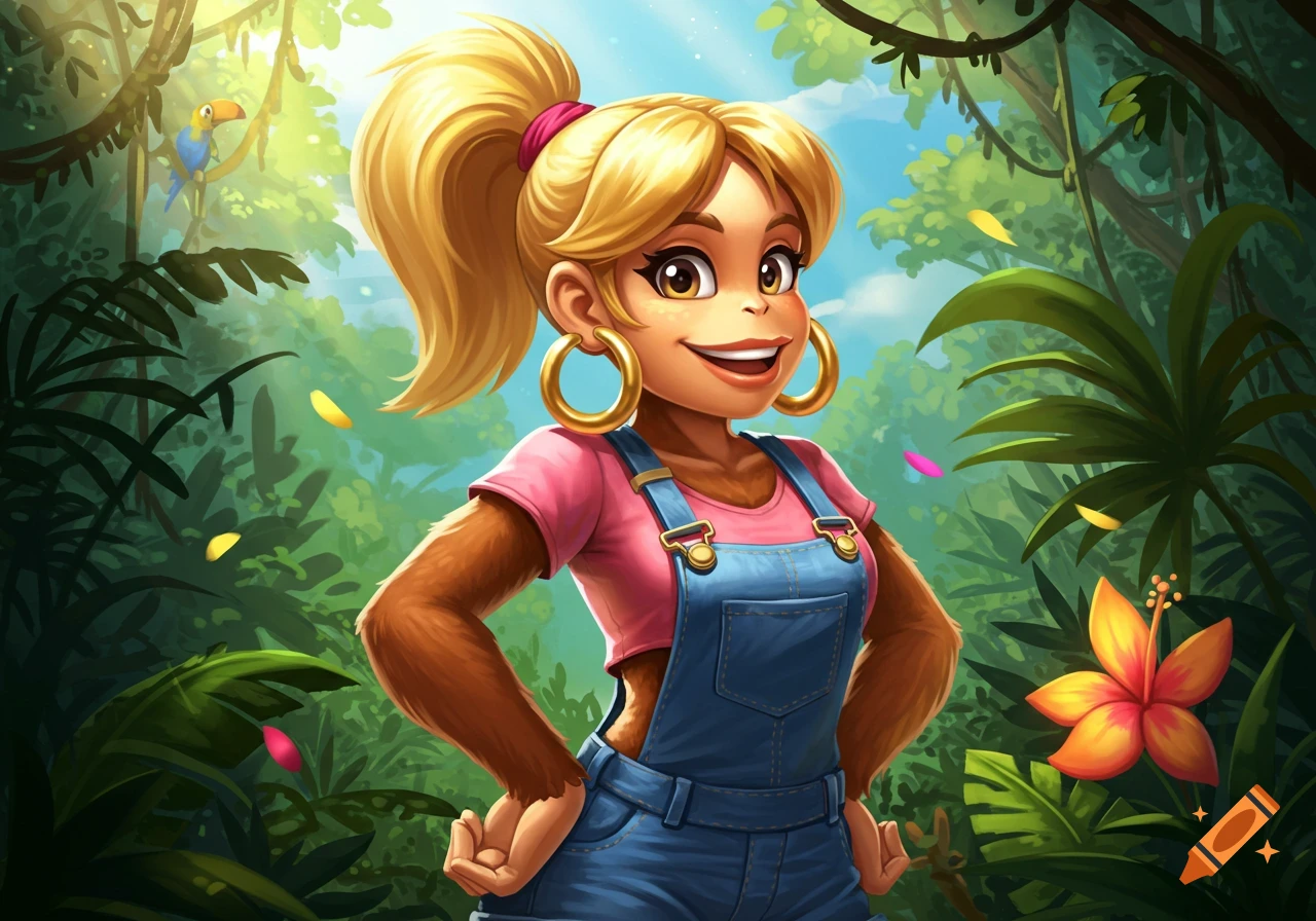 A smiling blonde monkey-girl in denim overalls and a pink shirt stands in a lush cartoon jungle.
