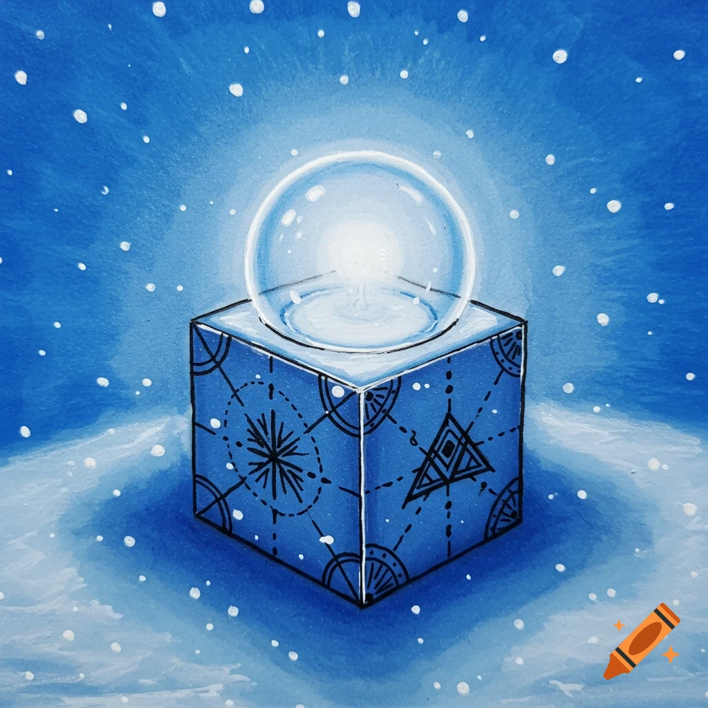 A blue cube with black geometric patterns, topped by a glowing clear sphere, against a starry blue background.