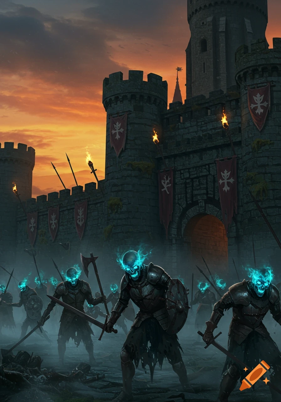 An army of glowing-eyed skeletons in armor marches towards a fortified castle at sunset in a dark fantasy art style.