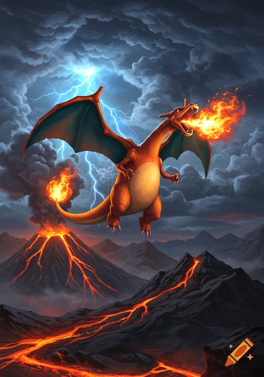 A fierce orange Charizard with teal wings flies through a stormy sky with lightning, breathing fire over erupting volcanoes and flowing lava.