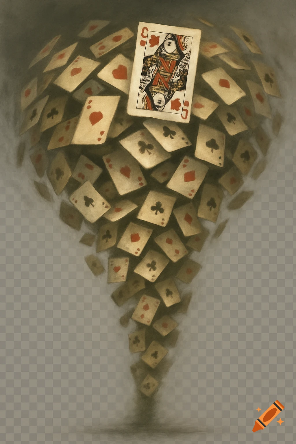 An artistic illustration of playing cards, including a prominent Queen of Hearts, spiraling downwards in a whirlwind against a hazy background.
