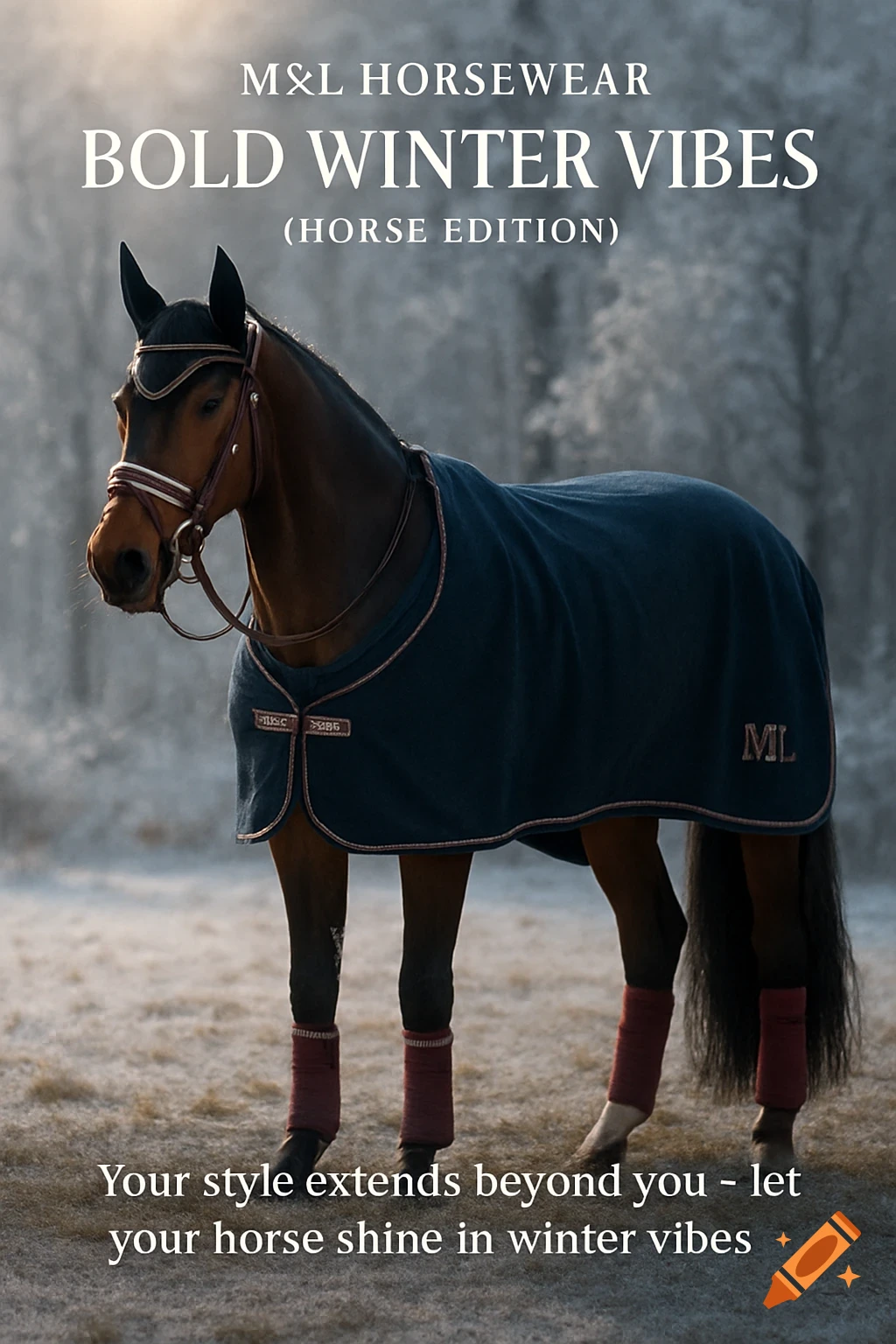 A brown horse wearing a dark blue blanket, a bridle, and bordeaux leg wraps stands in a snowy winter landscape, with promotional text about winter horsewear.