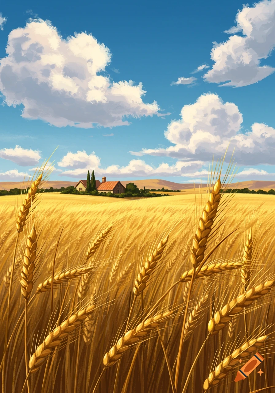 A vibrant illustration of a golden wheat field under a blue sky with fluffy clouds, with a farmhouse nestled in the background.