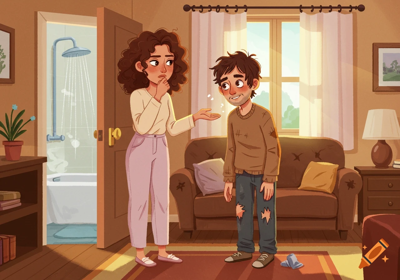 Cartoon of a woman holding her nose while offering a shower to a dirty, disheveled man in her home.