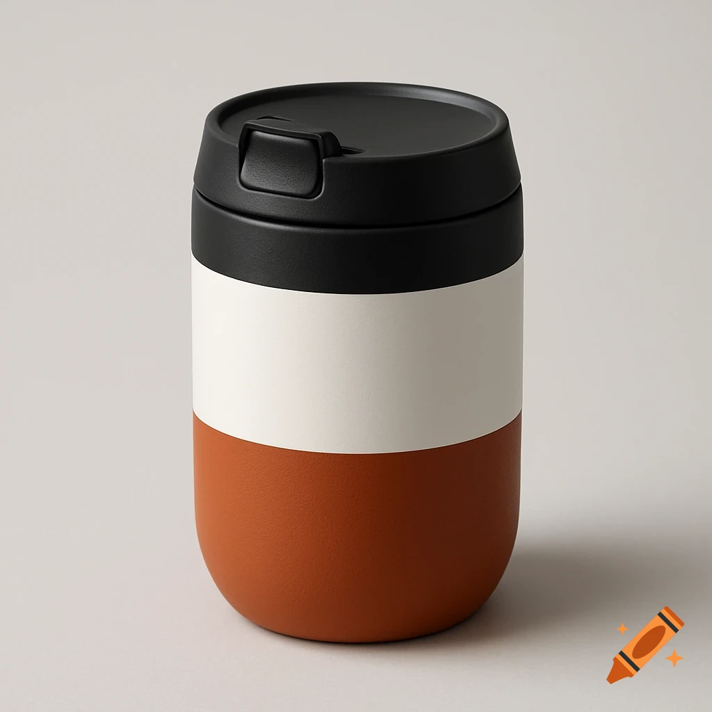 A three-toned matte beverage container with a black lid, white middle band, and terracotta bottom.