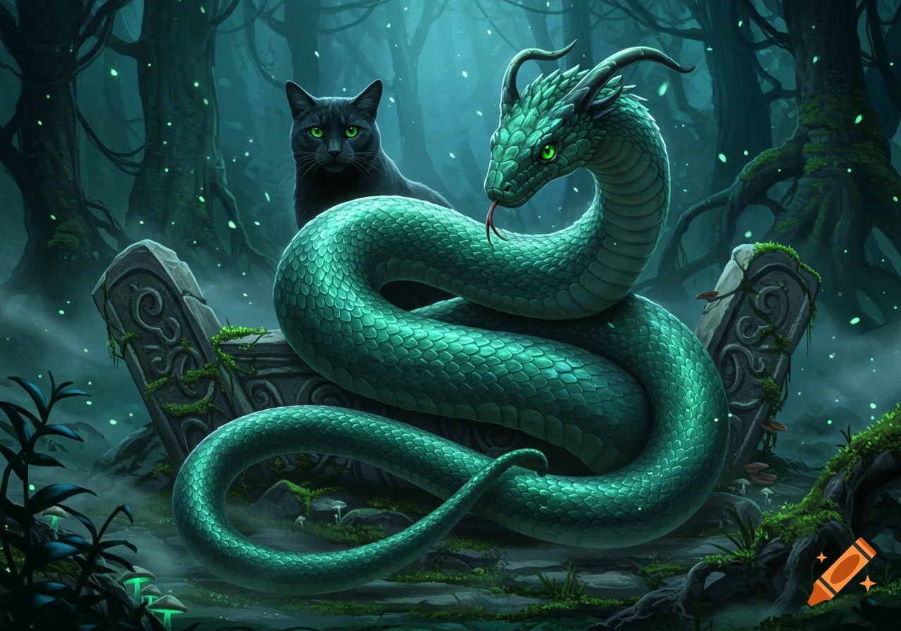 A black cat with green eyes and a green horned snake coiled around mossy ancient stones in a dark, glowing fantasy forest.