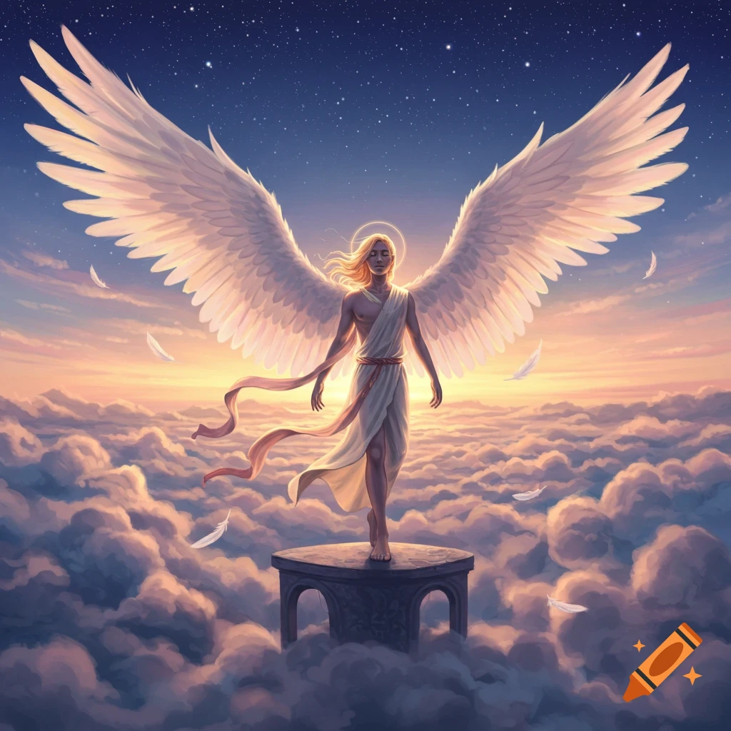 A winged angel-like figure with long blond hair stands on a pedestal above clouds at sunset, with stars in the sky.