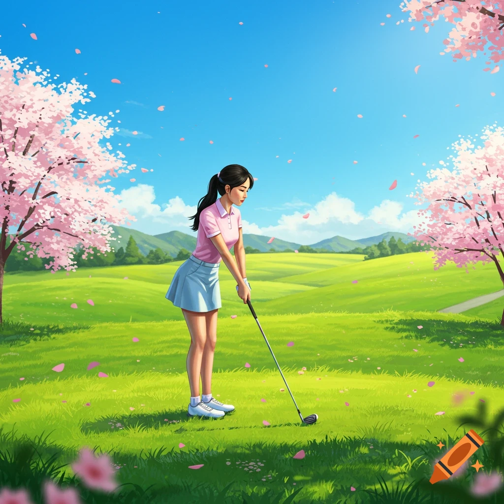 Anime-style illustration of an Asian woman playing golf on a cherry blossom-filled course under a blue sky.