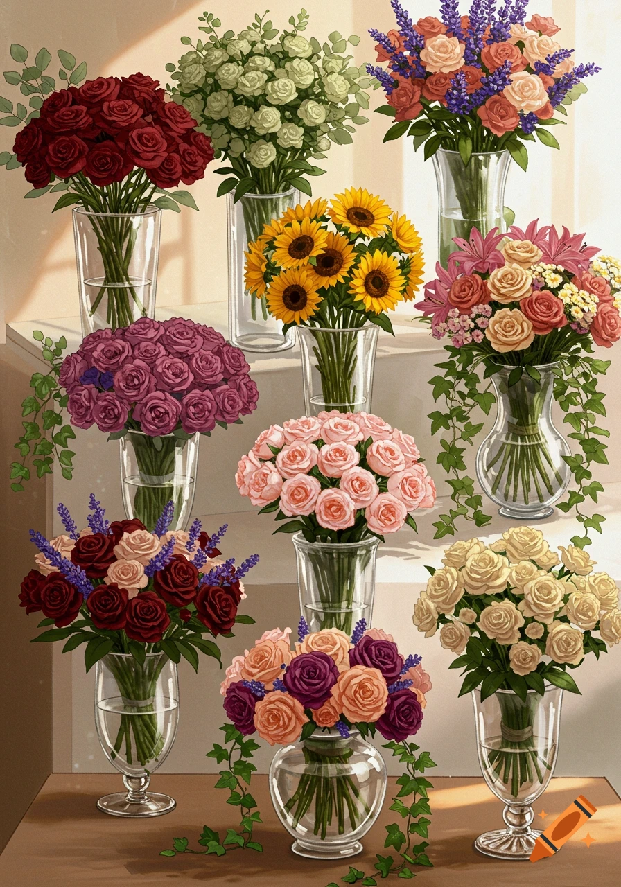 Vibrant digital art features multiple bouquets of red, white, pink, and yellow roses, sunflowers, and lavender in glass vases.