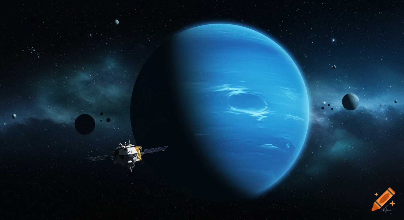 A sleek space probe flies towards the blue planet Neptune, surrounded by moons and stars in deep space.
