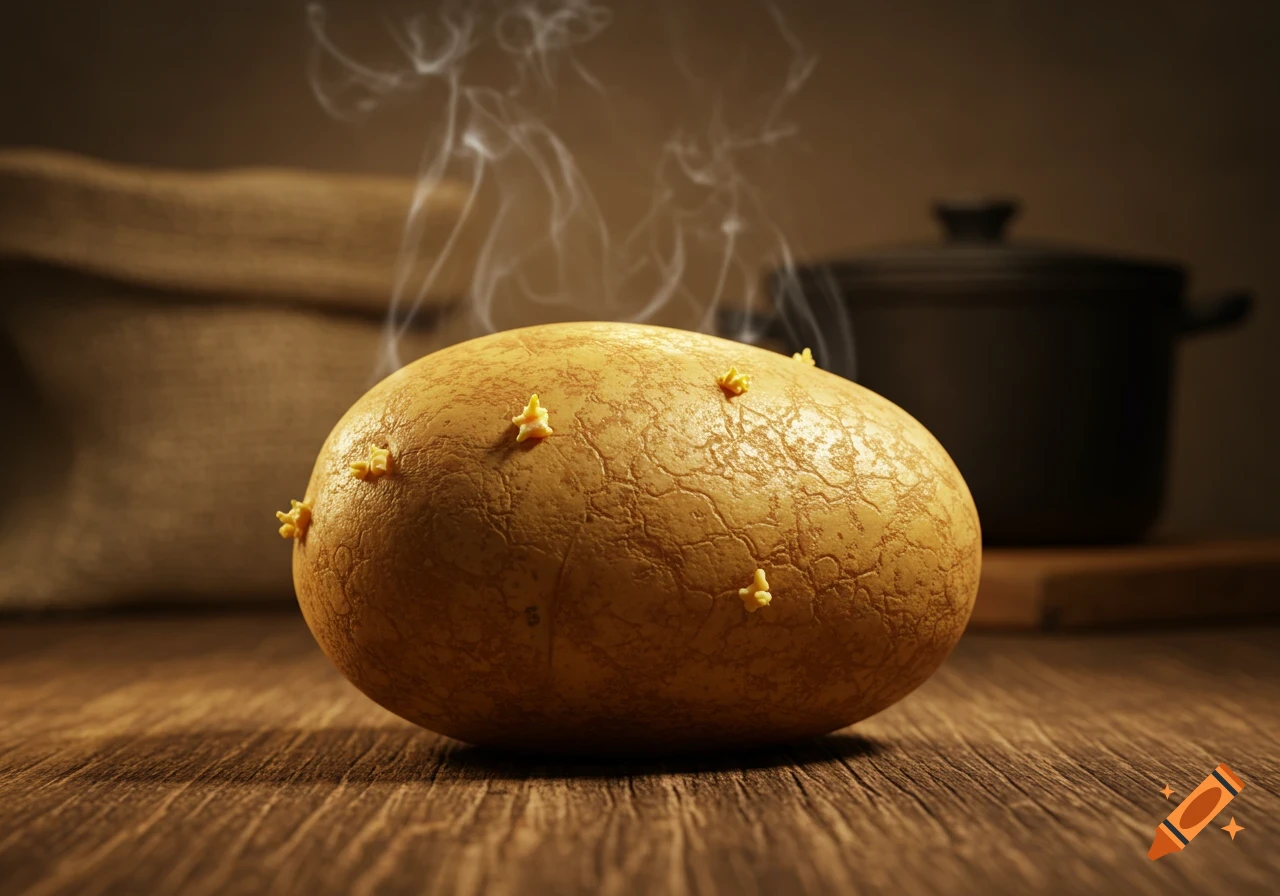 A steaming potato with small sprouts rests on a wooden table, with a burlap sack and a dark pot in the blurry background. Photorealistic.