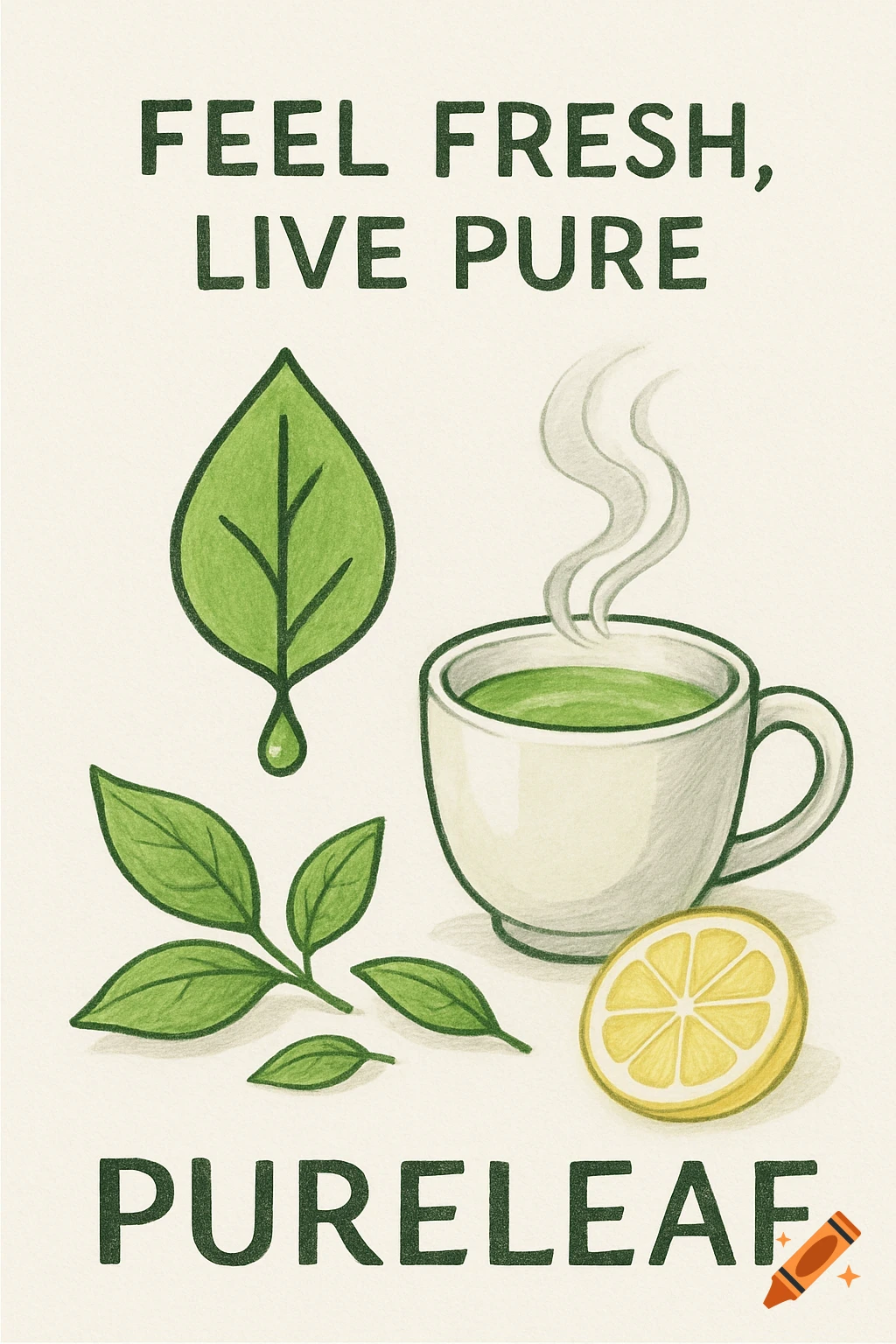 Hand-drawn poster with text 'Feel Fresh, Live Pure' and 'PureLeaf', showing a green leaf, a cup of tea, leaves, and a lemon slice.