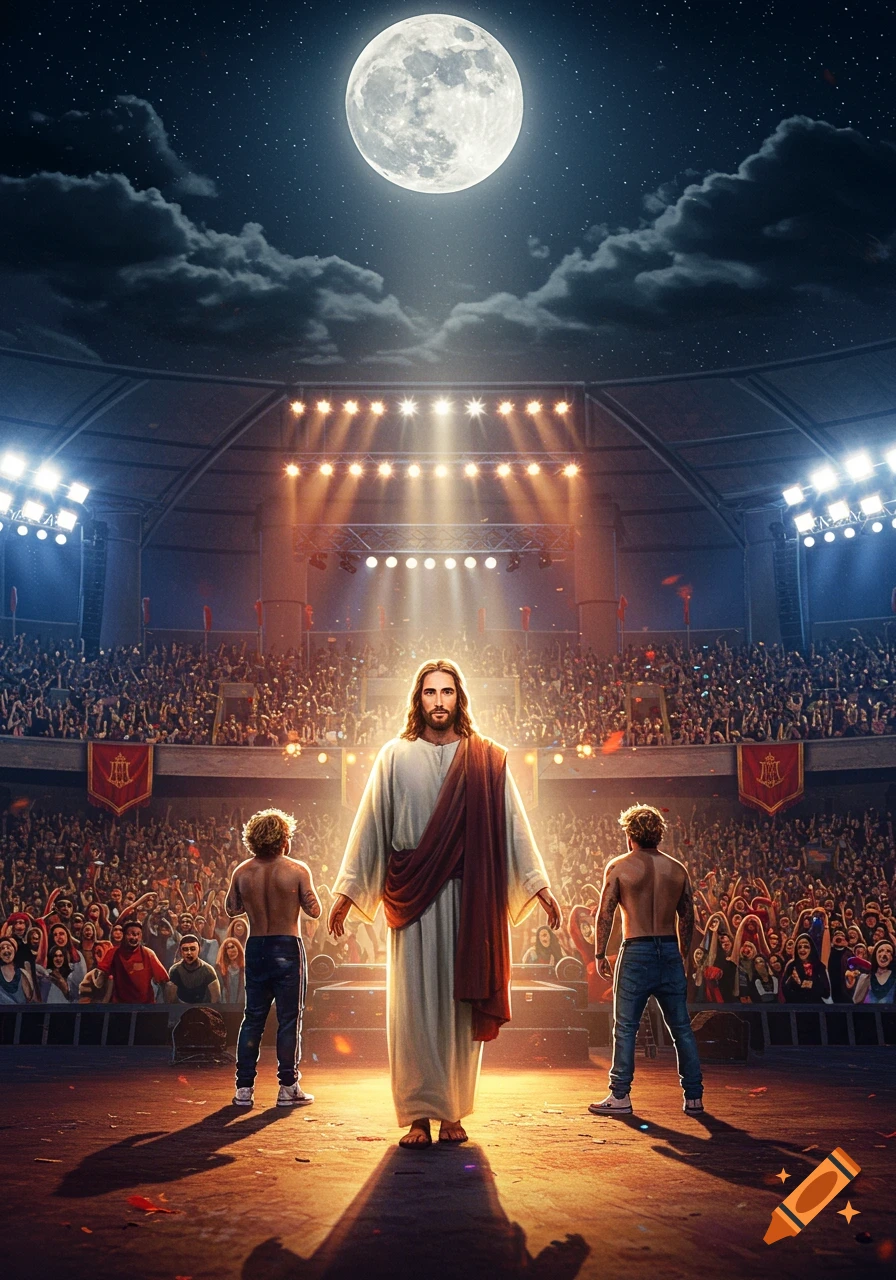 Jesus stands in a brightly lit fighting arena under a full moon, facing two shirtless men, with a large crowd of fans filling the stadium.