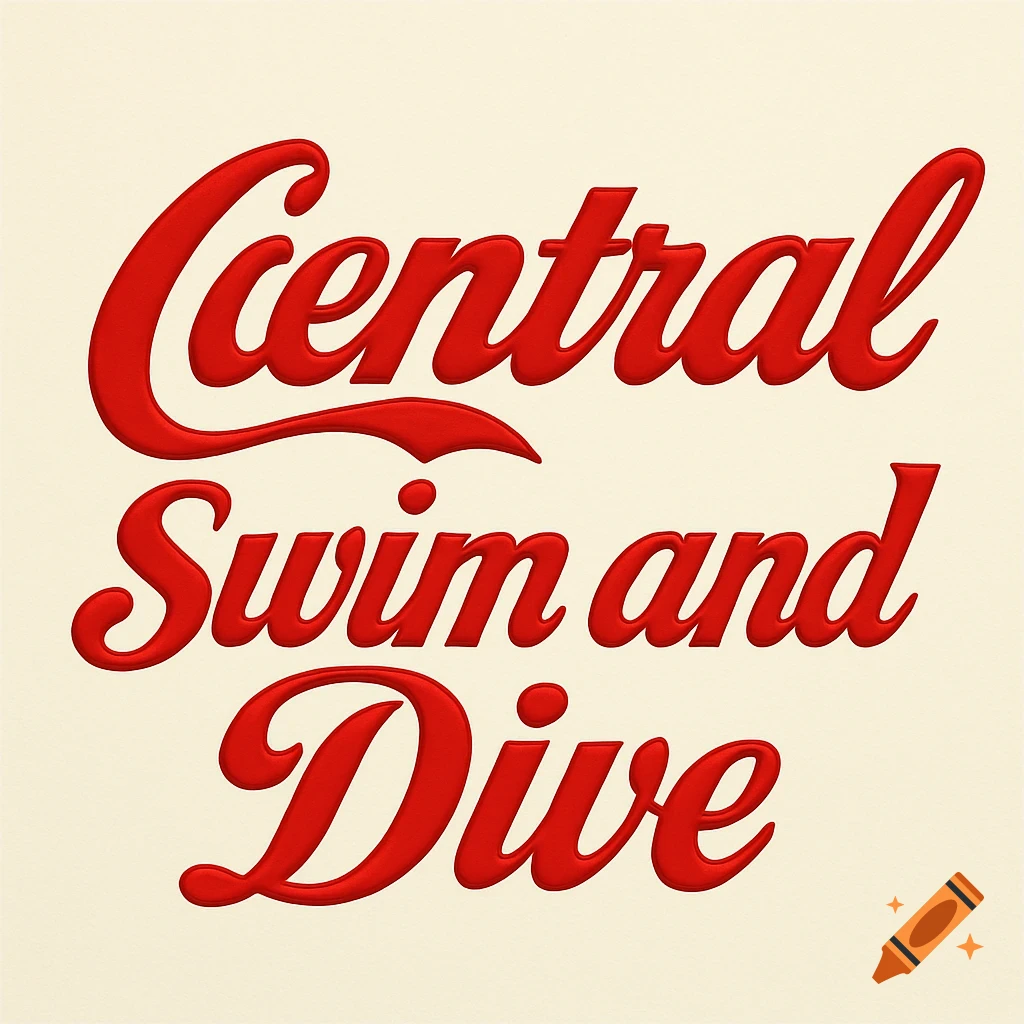 Red text reading 'Central Swim and Dive' in a script font, styled like the Coca-Cola logo, on a cream background.