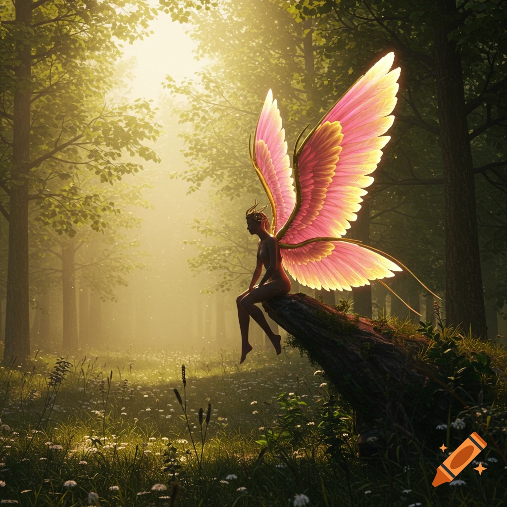 A fairy with glowing pink and gold wings sits on a mossy log in a sun-dappled magical forest.