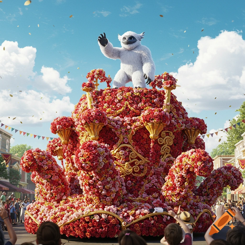A fluffy white yeti waves from a large parade float covered in red and pink flowers, with crowds watching under a blue sky.