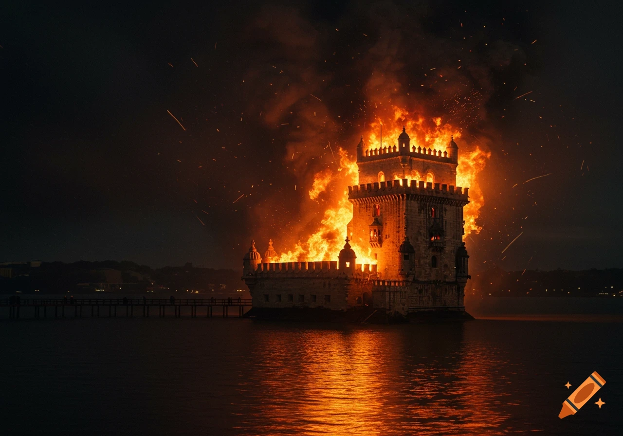 Photorealistic image of the Belem Tower engulfed in flames at night, with fiery reflections on the dark water.