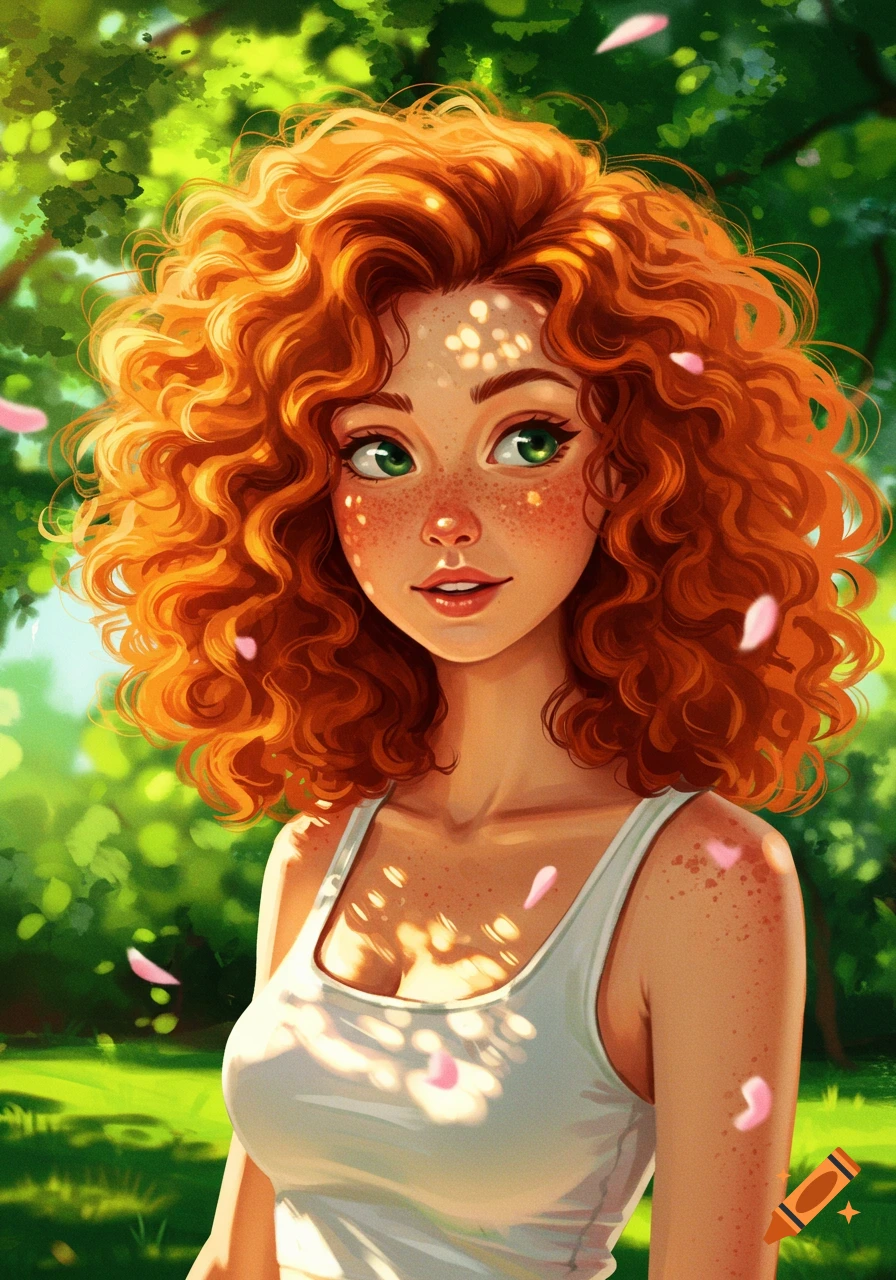 Illustration of a smiling redhead woman with freckles and green eyes, wearing a white tank top, surrounded by green foliage in dappled sunlight.