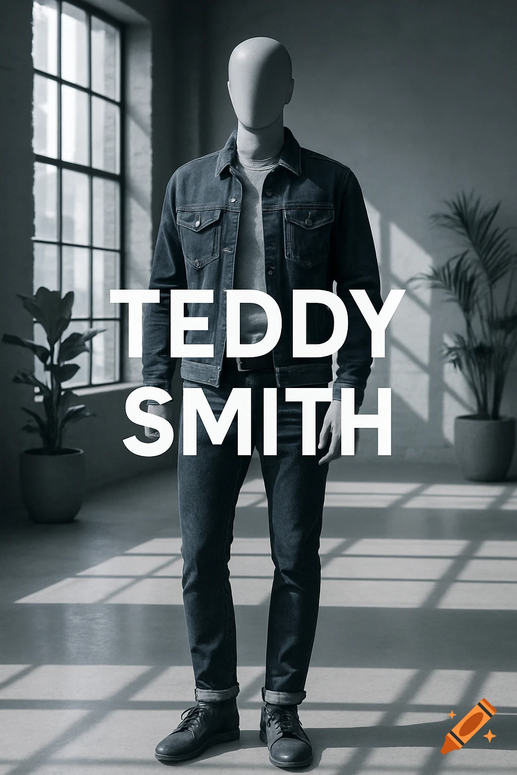 A faceless mannequin in a denim jacket and jeans stands in a monochromatic room with 'TEDDY SMITH' text.