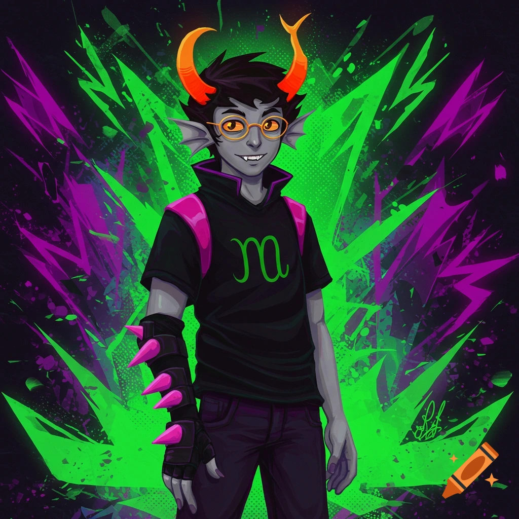 A grey-skinned male Homestuck troll with orange horns, round glasses, and fanged teeth, wearing a black shirt with a green symbol and a spiked arm guard, on a neon green and purple background.