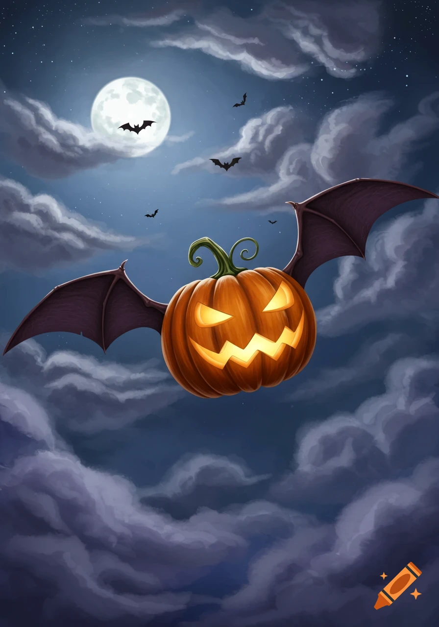 A glowing, carved pumpkin with bat wings flies past a full moon and silhouetted bats in a cloudy night sky.