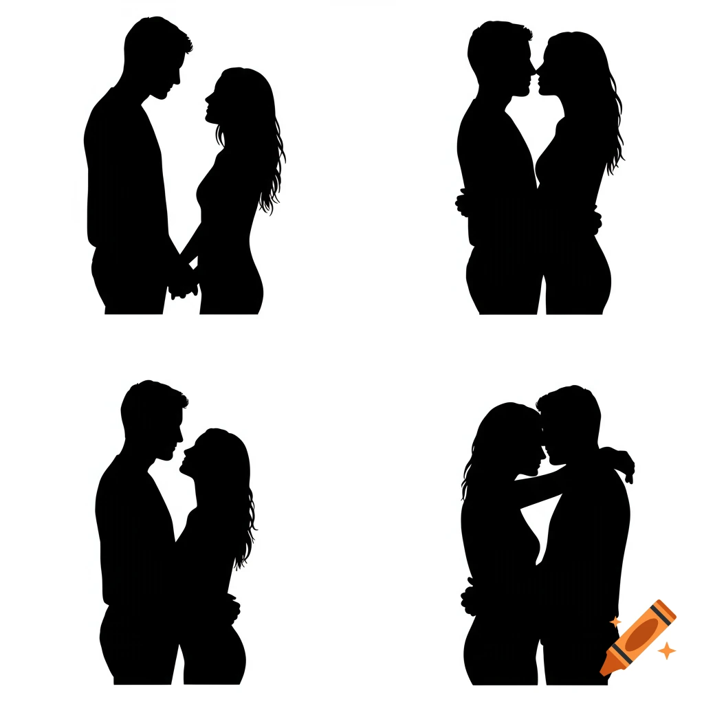 Four black and white silhouette panels depicting a couple in various romantic poses, including holding hands, kissing, and embracing.