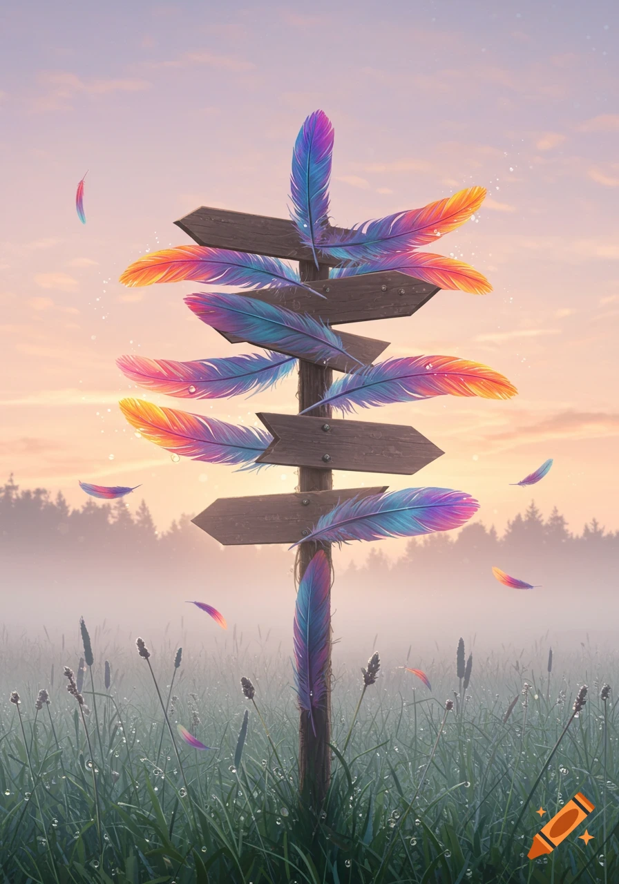 A dreamlike signpost made of vibrant, colorful feathers stands in a misty field at sunrise.