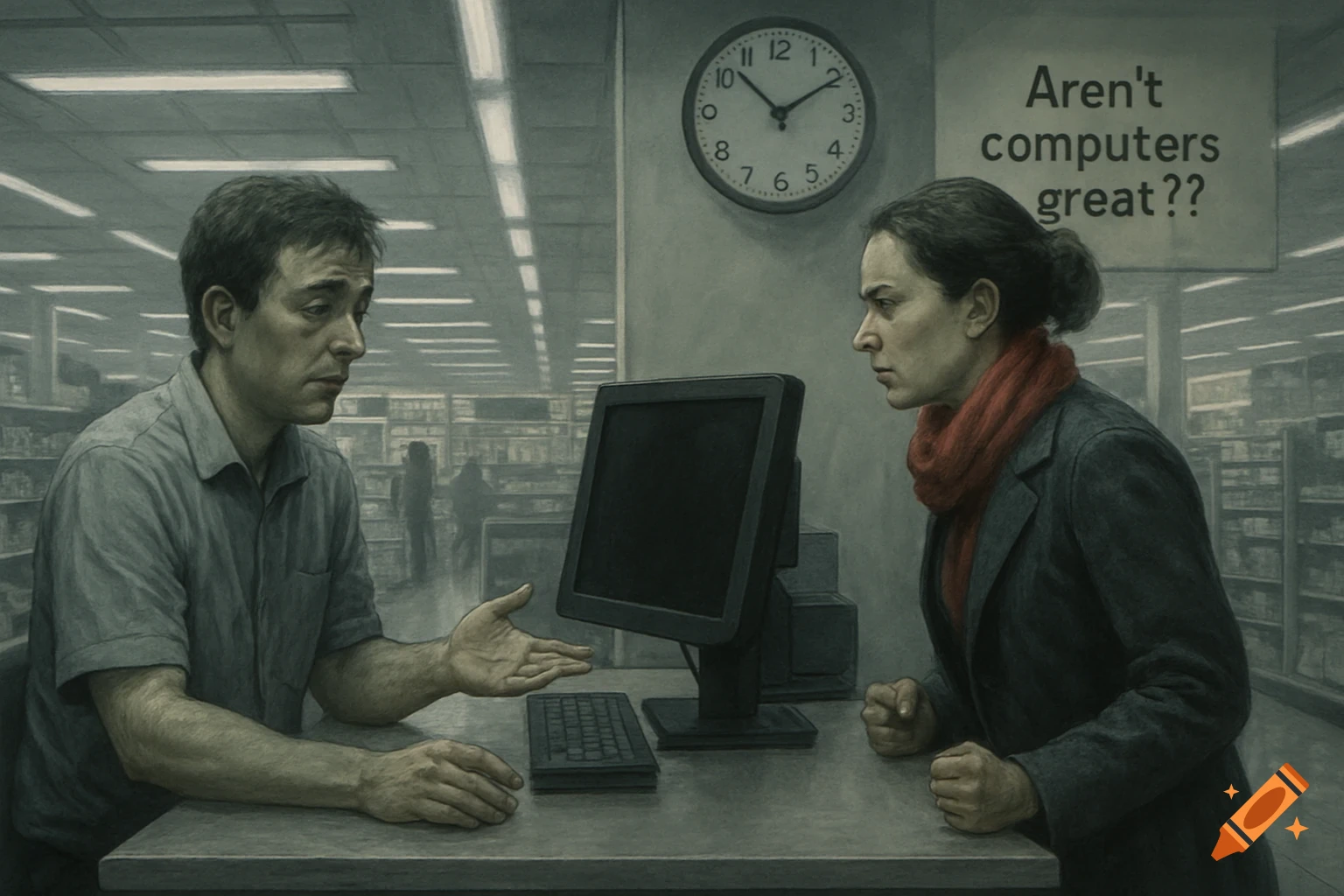 A man and an exasperated woman argue over a computer in a drab setting, with a sign reading "Aren't computers great?" Stylized art.