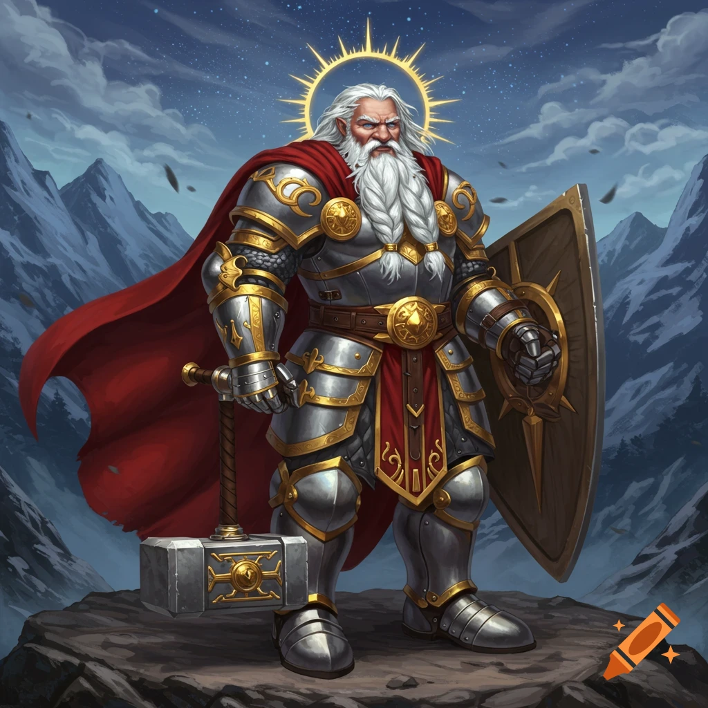 A digital painting of a heavily armored dwarven paladin with a long white braided beard and a halo, holding a hammer and shield in a mountainous landscape.