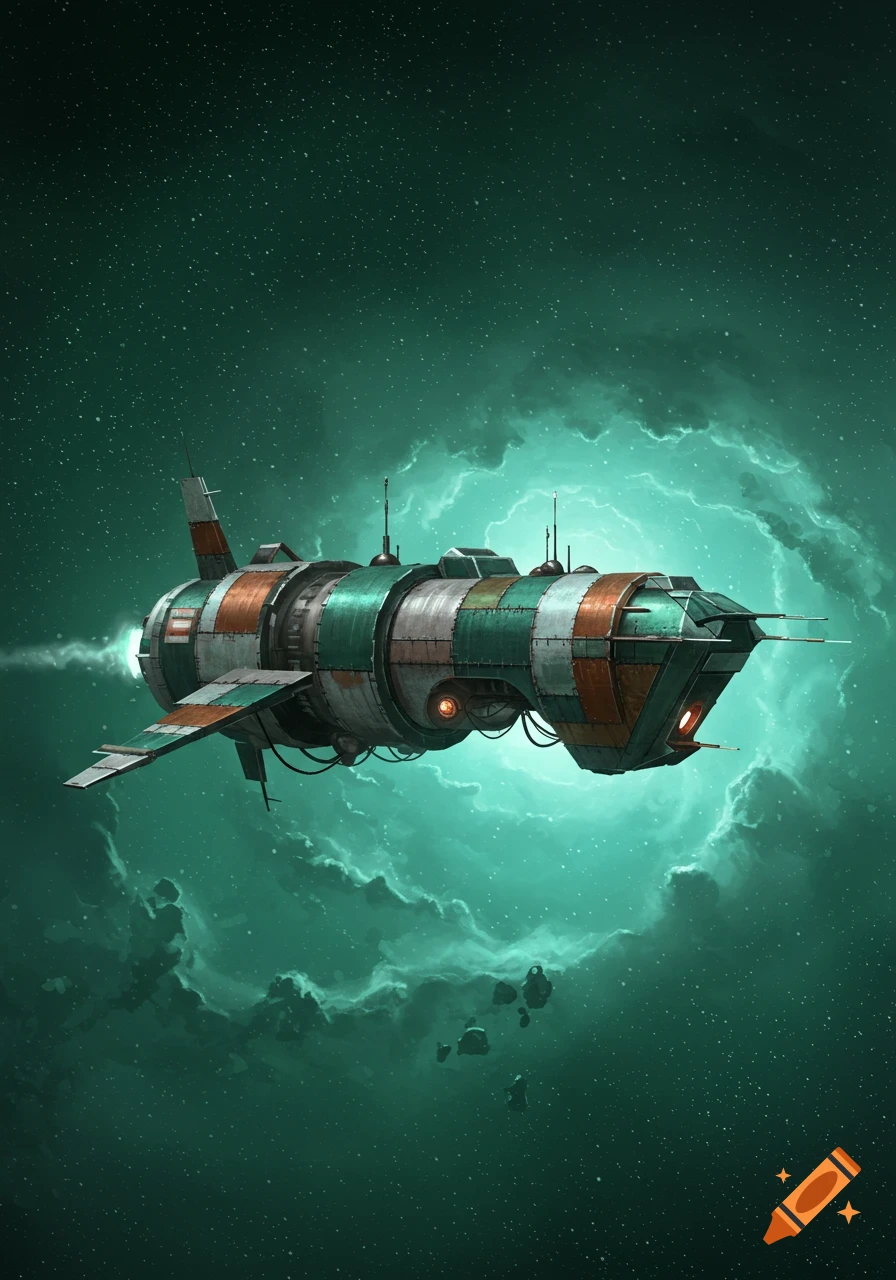 A patchwork spaceship with orange and green panels and small antennas flies through a green-tinted starry space with a glowing nebula and floating asteroids.