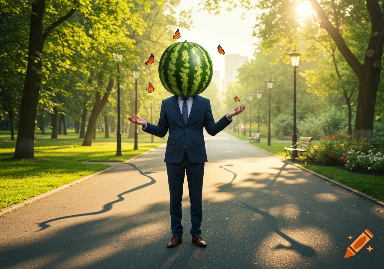 A man with a watermelon for a head stands in a sunlit park with outstretched arms, surrounded by flying butterflies.