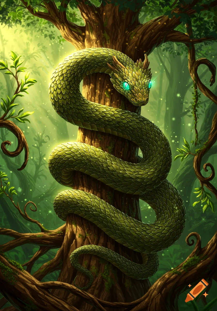 A vibrant green fantasy snake with glowing teal eyes wraps around a large tree trunk in a lush, magical forest.