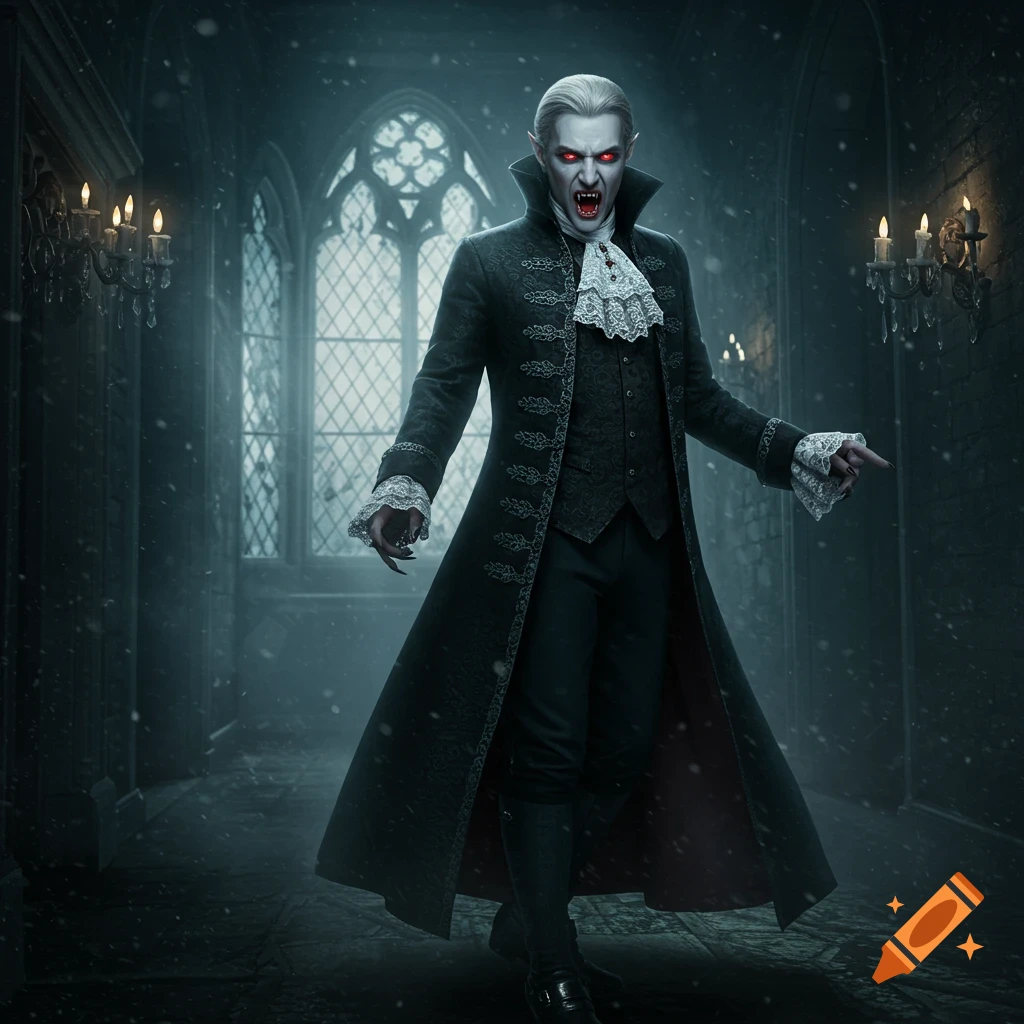 A pale vampire in a dark Victorian coat with sharp fangs and glowing red eyes stands in a snowy haunted castle corridor.