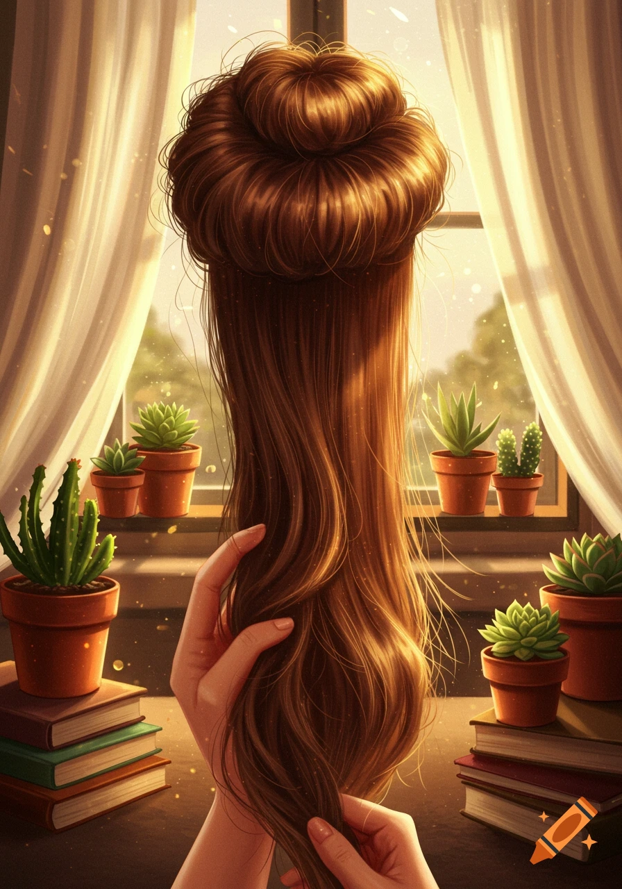 Digital illustration of hands holding a long strand of hair falling from a bun, by a sunlit window with plants and books.