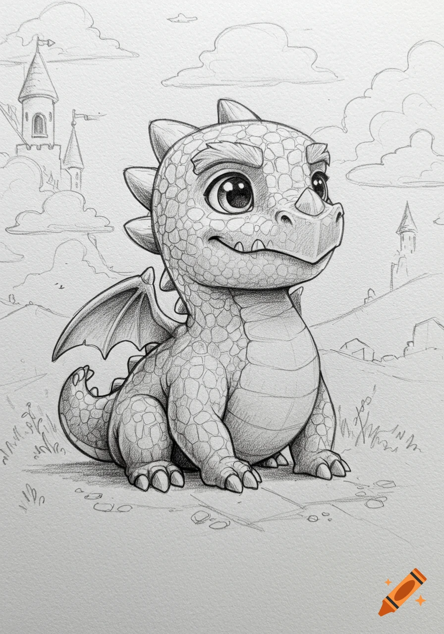 A detailed pencil sketch of a cute, chubby baby dragon with large eyes sitting on grassy terrain, with castles and clouds in the background.