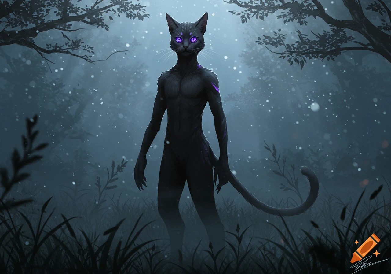 A dark, muscular cat humanoid with glowing lilac eyes and purple markings stands in a misty, snowy forest. Digital art.